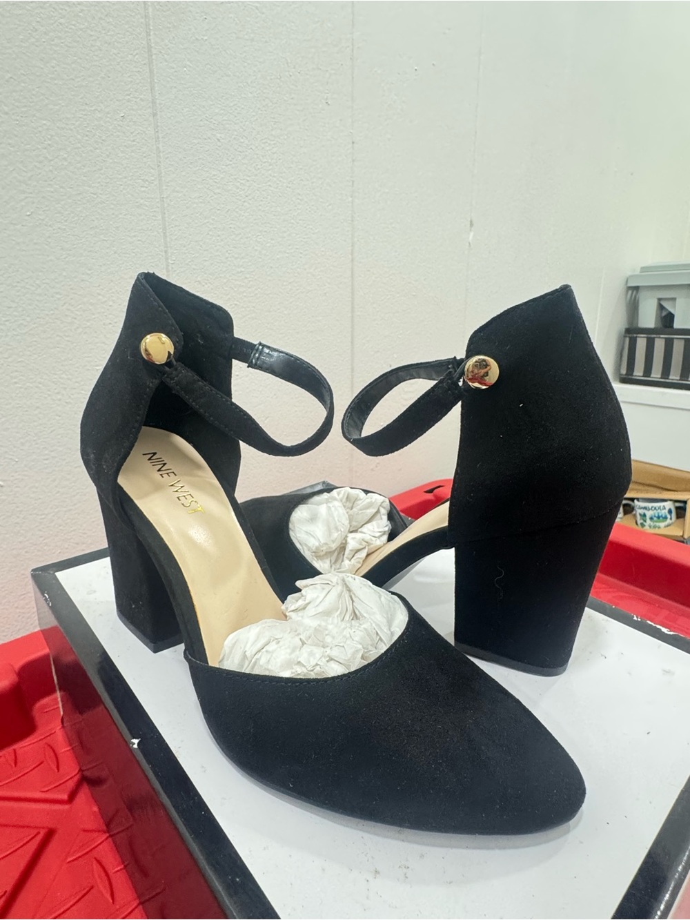Nine West Black Suede Ankle-Strap Block Heel Pumps
